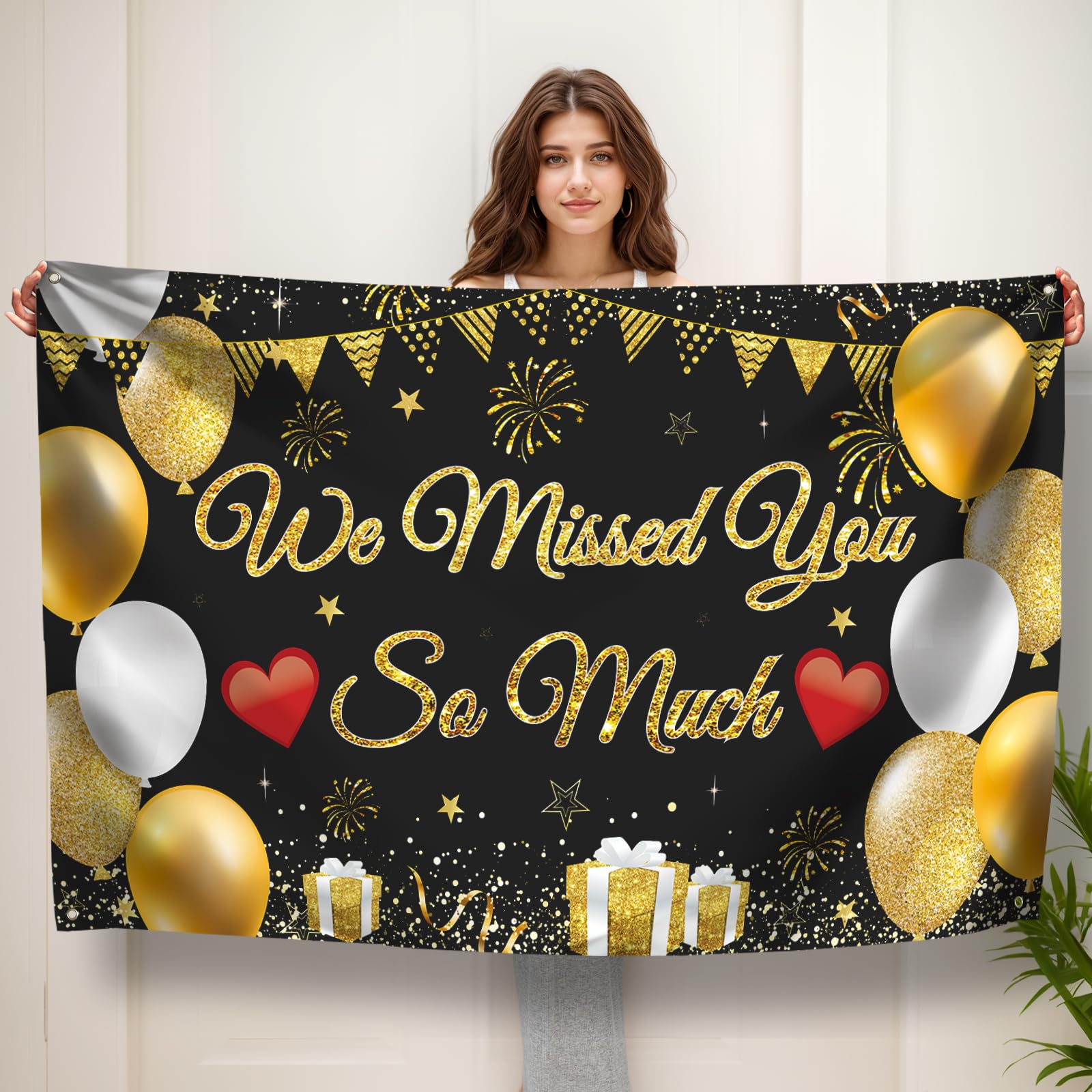 Koliphy We Missed You So Much Banner, Welcome Home Decoration, Welcome Back Banner for Back to School, Family Return, Family Celebrations Decoration(Black Gold)