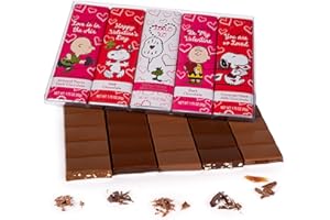 ASTOR Snoopy Valentine's Chocolate Variety Gift Box, Charlie Brown Snacks, Peanuts Snoopy Gifts for Women, 5 Gourmet Belgian Chocolate Candy Bars 1.75oz Each, Valentine’s Day Gifts for Kids & Family