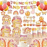 Yingoto 213pcs Young Wild and Three Party Decorations Tableware Set, 25pcs Wild and Three Party Decorations Plate Napkins Tablecloth for 3 Year Old Birthday Decorations Girl, 25 Guests