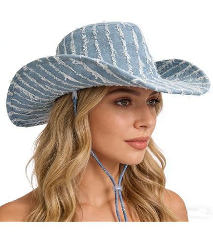 Wide Brim Cowgirl Hat with Rhinestone Tassel Denim Band, Adjustable Black Leather Rhinestone Fringe Cowboy Hat: Festival Cowgirl  main image 4