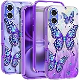 Rancase for iPhone 16 Plus Case with Screen Protector, Clear Butterfly Design, Removable Frosted Glitter Card, Hard PC&TPU Bumper Shockproof Protective Full Body Rugged Phone Cover Women, Purple