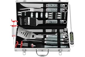 grilljoy 24PCS BBQ Grill Tools Set with Meat Thermometer and Injector - Extra Thick Stainless Steel Fork, Spatula& Tongs - Complete BBQ Accessories in Aluminum Case - Perfect Grill Gifts for Men Grey