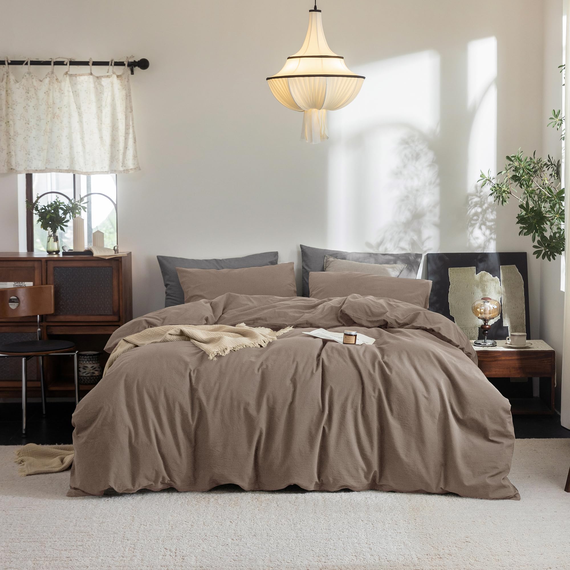 Photo 1 of FOSSA Duvet Cover Set 100% Washed Cotton Linen Feel Super Soft Breathable Cozy 3 Pieces Bedding Sets Solid Pale Brown Oversized Queen