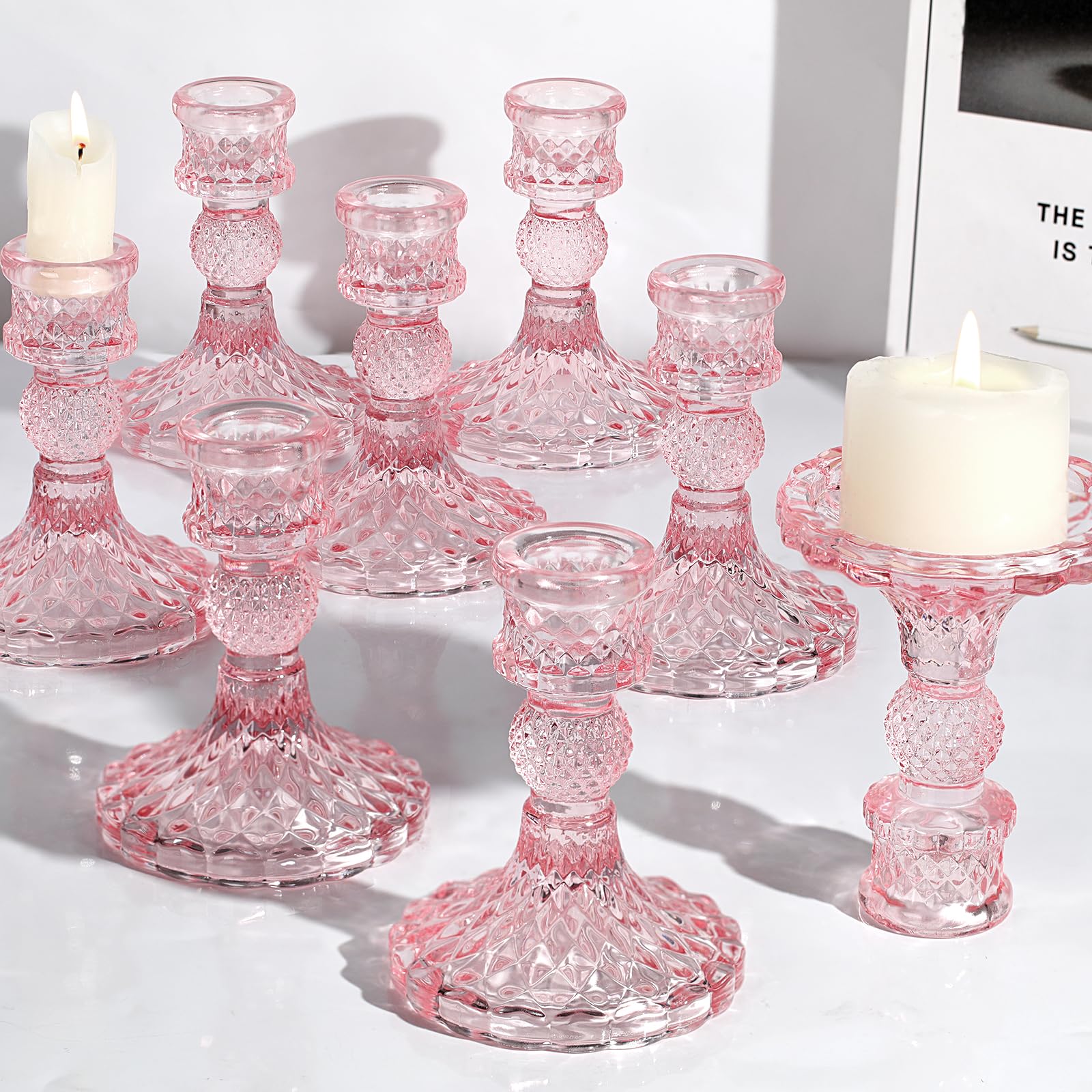 Photo 1 of 12Pcs Pink Candlestick Holders Set- 4" H Taper Candle Holders Bulk, Glass Candle Holders for Wedding, Party, Romantic Dinner Table Centerpieces, Festival Gifts & Windowsill Decor