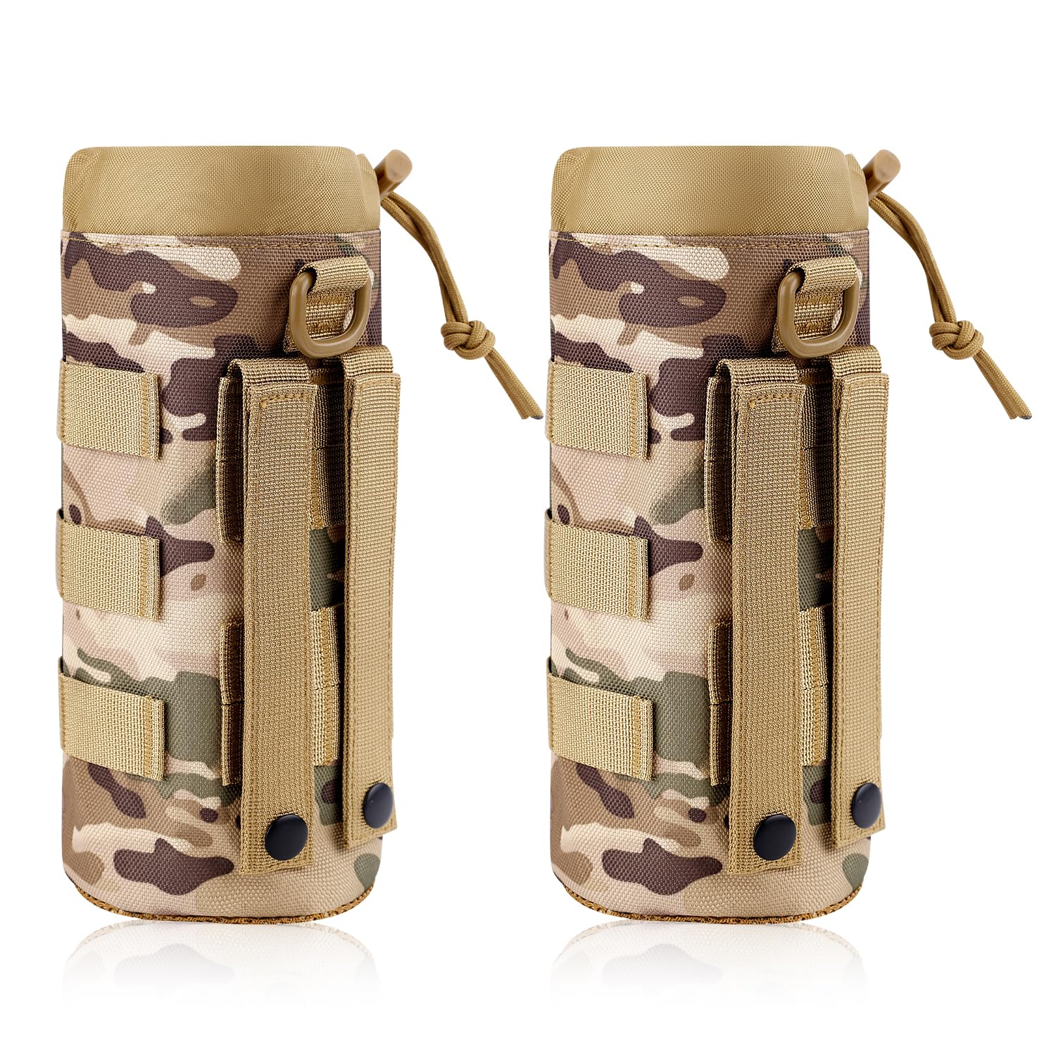 PEUTIER 2pcs Molle Water Bottle Holder, 1000D Nylon Sports Molle Pouch Carrier Bag with Drawstring Top Mesh Bottom Practical Cup Holder for Outdoor Camping (Camo Color)