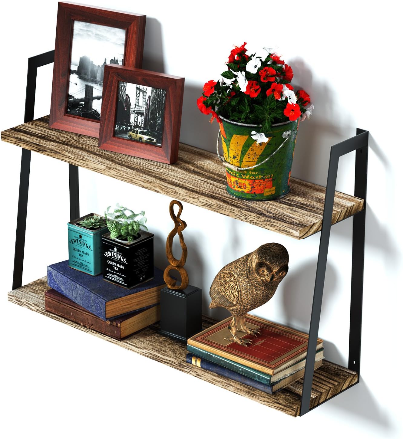 Upgraded 2-Tier Floating Wall Mount Shelves Book Shelves Rustic Wood Hanging Shelves, Storage, Display & Decor for Bedroom, Living Room, Kitchen, Office and More