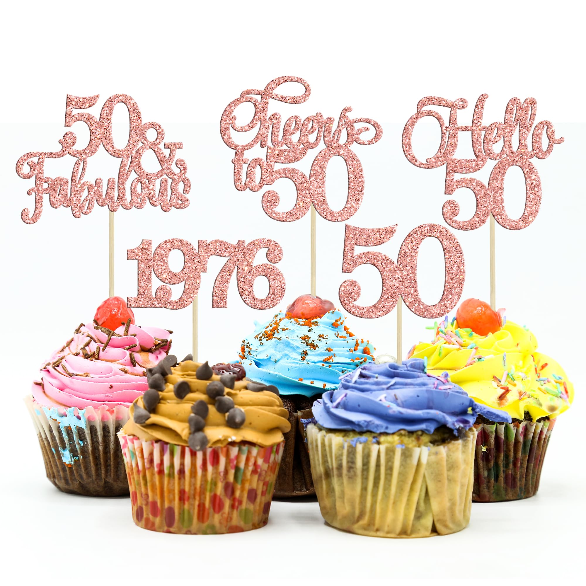 Gyufise 30Pcs 50th Birthday Cupcake Toppers 50 Fabulous Cupcake Picks Cheers to 50 1976 Cake Decorations for Happy 50th Birthday Wedding Anniversary Party Decoration Supplies Rose Gold — image 1