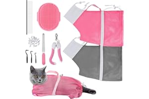 JULMELON Cat Washing Bag 10 PCS Set, Adjustable Cat Shower Net Bag and Pet Grooming Brush with Nail Clipper Nail File Hair Combs Tick Tool Nail Caps for Bathing Nail Trimming Examination(Pink+Grey)