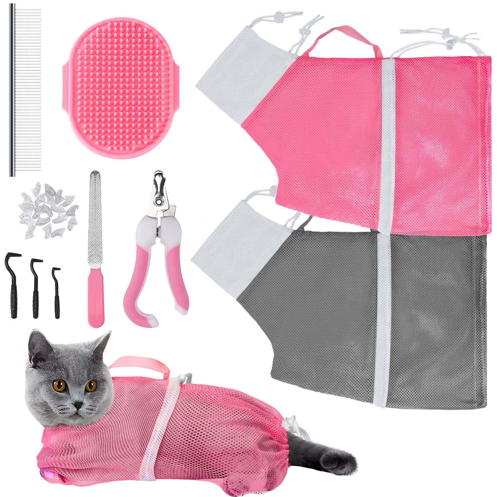Photo 1 of JULMELON Cat Washing Bag 10 PCS Set, Adjustable Cat Shower Net Bag and Pet Grooming Brush with Nail Clipper Nail File Hair Combs Tick Tool Nail Caps for Bathing Nail Trimming Examination(Pink+Grey)