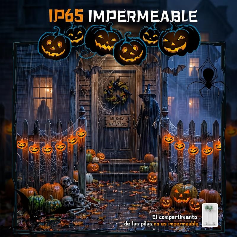 Guirlanda de luzes de Halloween, 3 m, 20 LEDs, abóbora, bateria exterior com temporizador de 6 horas, impermeável IP65, para decoração de Halloween, festas temáticas de zombies