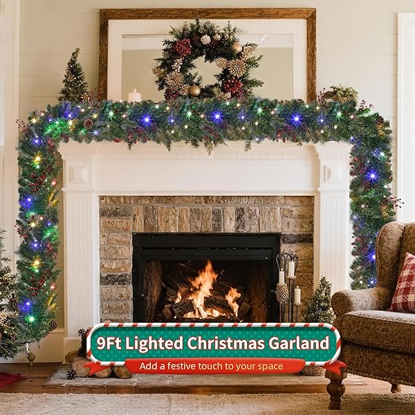 HOYECHI SET OF 2 PRELIT CHRISTMAS GARLANDS – 9FT EACH WITH 50 LED LIGHTS & RED BERRIES, BATTERY POWERED WITH 8 LIGHTING MODES, HOLIDAY GARLAND FOR STAIRS, FIREPLACE, DOOR FRAME