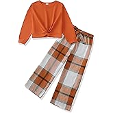 XUANHAO Girls Clothes Fashion Twist Front Pullover Top Plaid Pants Girls Clothing Sets Winter Fall Outfits for Girl Size 7-14