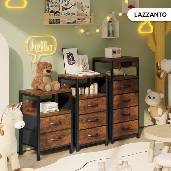 LAZZANTO NIGHTSTAND BEDSIDE CHARGING TABLE BEDROOM – BROWN NIGHT STAND WITH CHARGER STATION, MODERN BED SIDE END TABLE WITH OPEN SHELF & 2 FABRIC DRAWERS, USB-C PORT FOR DORM, LIVING ROOM