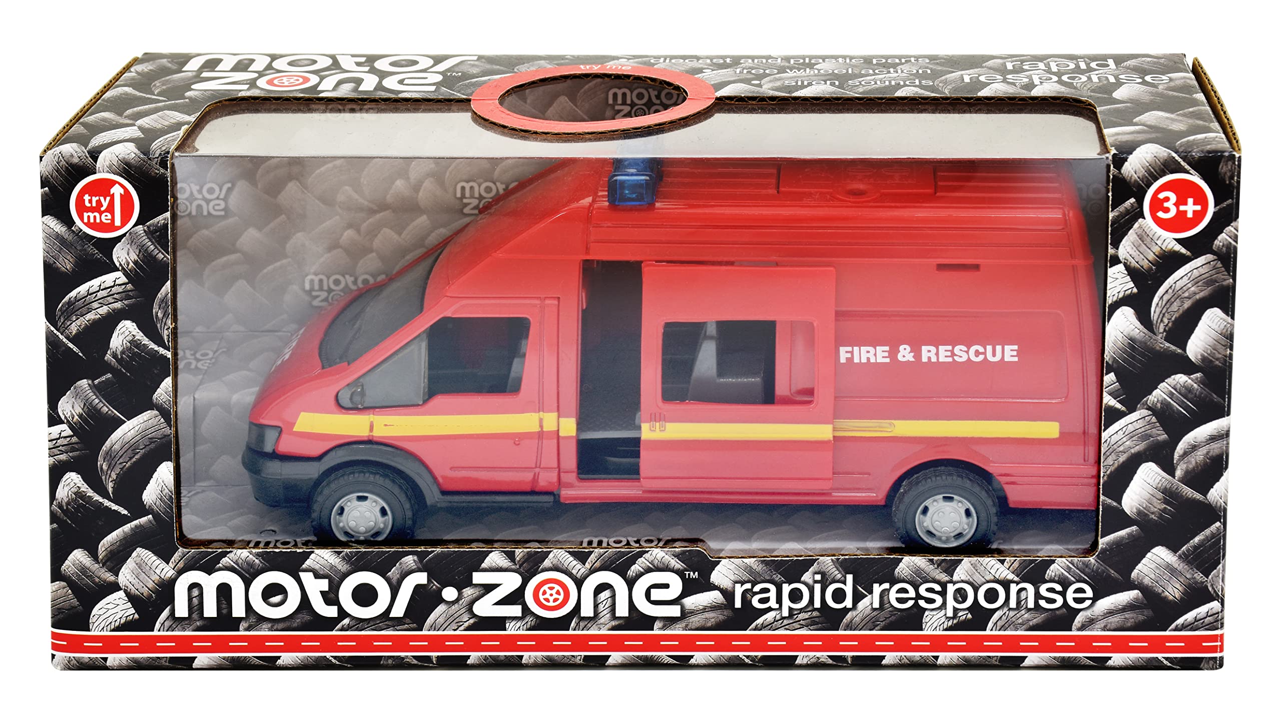 MOTOR ZONE from Peterkin | Fire & Rescue Rapid Response Toy Vehicle | 15.5cm Fire & Rescue Van with siren sounds, opening door and free wheel action | 1:48 Scale | Diecast Vehicles | Ages 3+