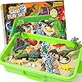 Cleboen Dinosaur Sensory Bin - 2lbs Magic Sand & Play Set, 10 Dinosaur Sand Molds & 7 Models with Truck, Sandbox, Dino Sensory Toys Birthday Gift for Toddlers Kids Boys Girls Age 3-5-7-8 Years Old