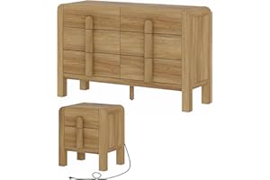 WAMPAT Dresser and Nightstand Sets, 47.2" W Mid Century Modern Chest of Drawers, Wood 6 Drawer Dresser & Nightstand with Charging Station, Curved Profile Design (Light Walnut, 2PCS)