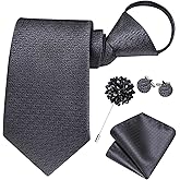 Hi-Tie Charcoal Black Zipper Ties for Men Adjustable Pre-Tied Necktie Lapel Pin Pocket Square Cufflinks Set