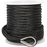 NovelBee 1/2 Inch X 50 Feet Double Braid Nylon Anchor Line with Stainless Steel Thimble and Plastic Chuck (Black)