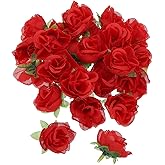 PATIKIL Mini Rose Artificial Flowers Bulk 1.2 Inch, 50 Pcs Silk Cloth Small Fake Flower Heads for Wedding Crafts Home Decor Decoration Party, Red