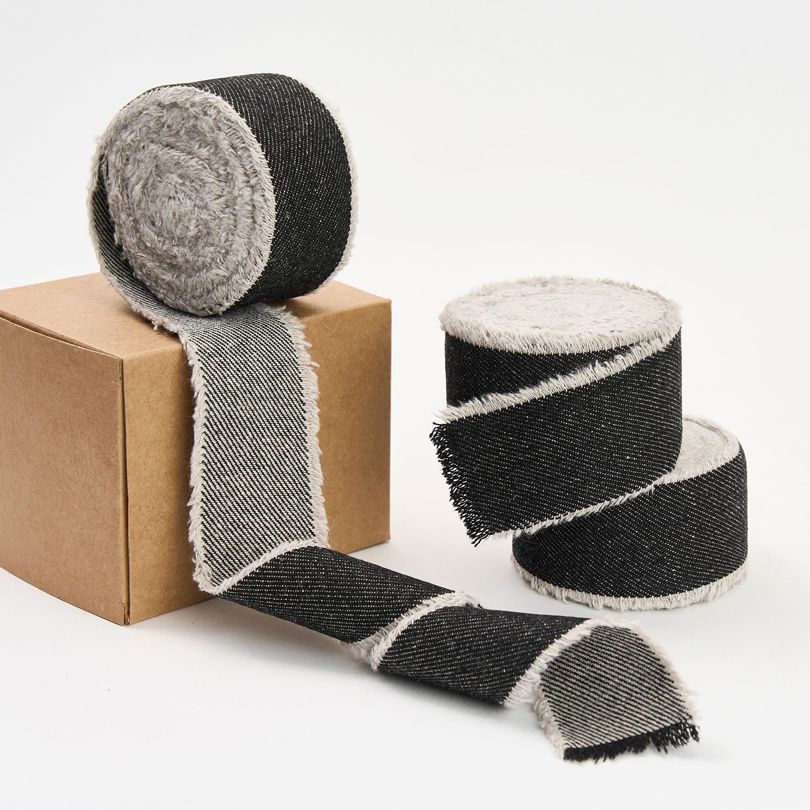 Pretty Jolly Black Denim Ribbon for Gift Wrapping Handmade Rustic Frayed Cotton Fabric Ribbon for Flower Bouquet Total 15 Yards 1 1/2 Inch Ribbons for Crafts Hair Wedding Invitation Holiday Decor
