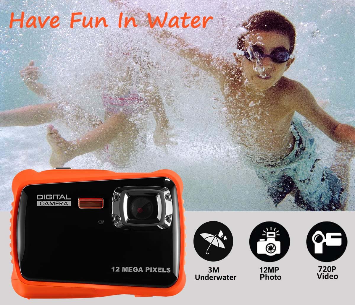 Waterproof Digital Camera for Kids, LINNNZI 12MP HD Underwater Action Camera Camcorder with 2.0 Inch LCD Display, 8x Digital Zoom, Flash and Mic