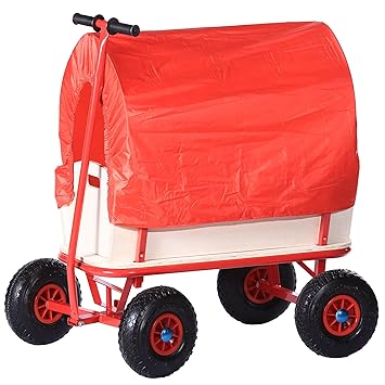 Jalano Stabiler Handwagen Bollerwagen Plane Holz Transportwagen Wagen Rot Dach