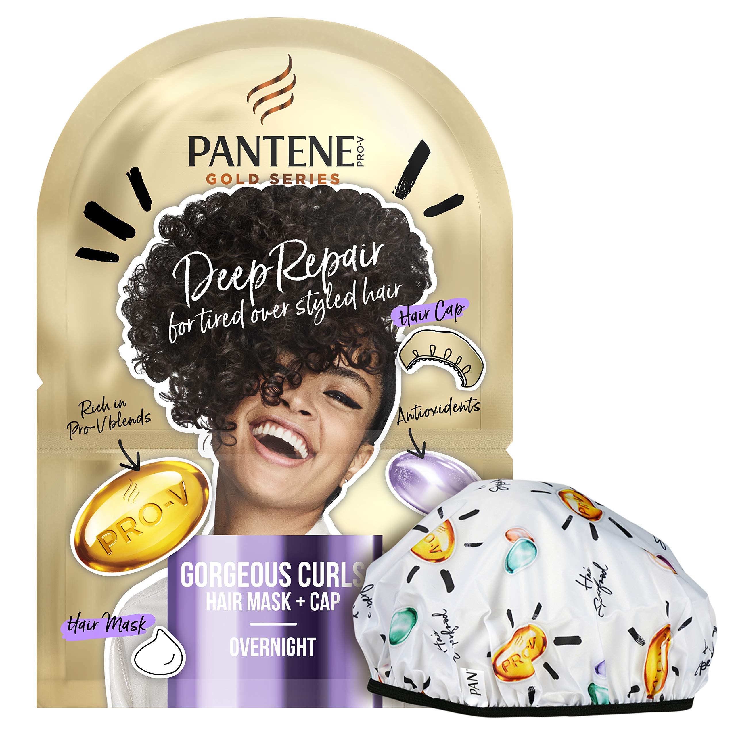 Pantene Gold Series Hair Mask & Reusable Shower Cap, Stocking Filler, Deep Repair Conditioner Hair Treatment, Curly Hair Products, 20ml, Gifts for Women