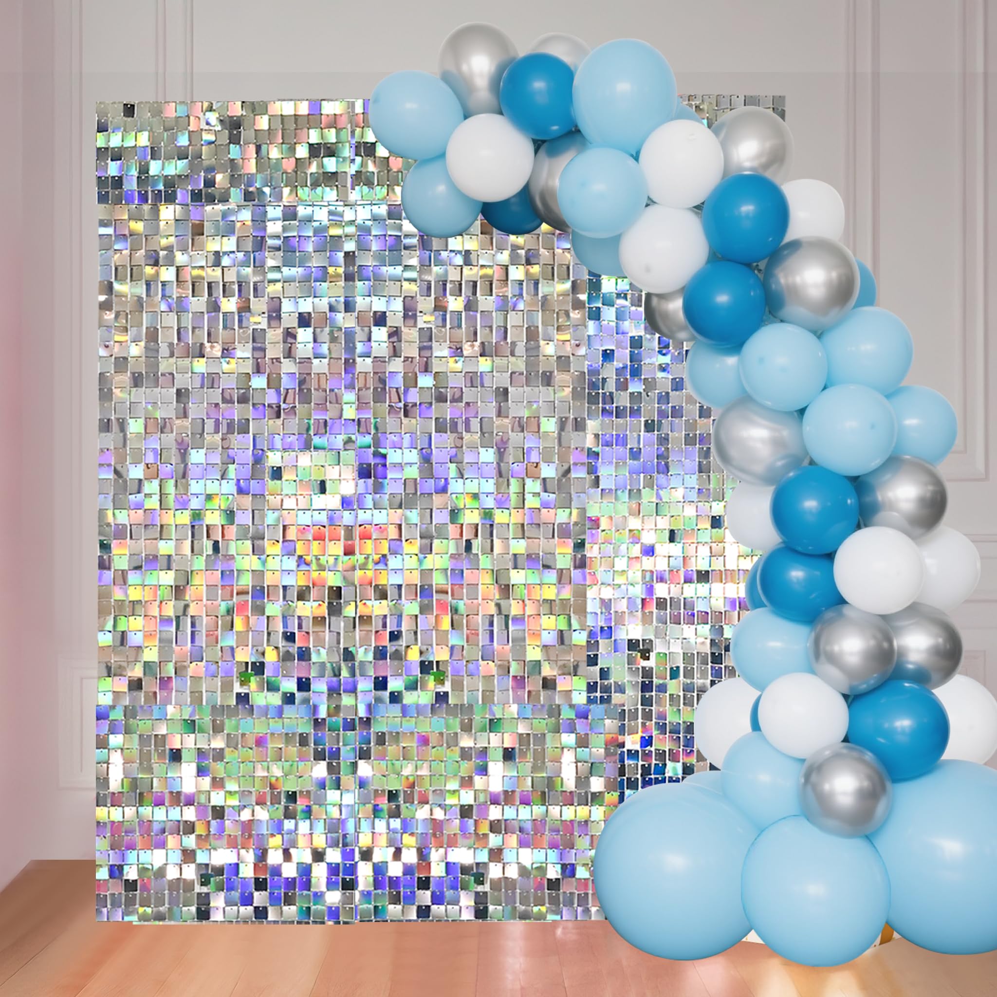 Photo 1 of 24 Pcs Iridescent Silver Shimmer Wall Backdrop, Square Sequin Backdrop Panels for Birthday Gala Graduation Party Anniversary Decoration - 6x4 FT