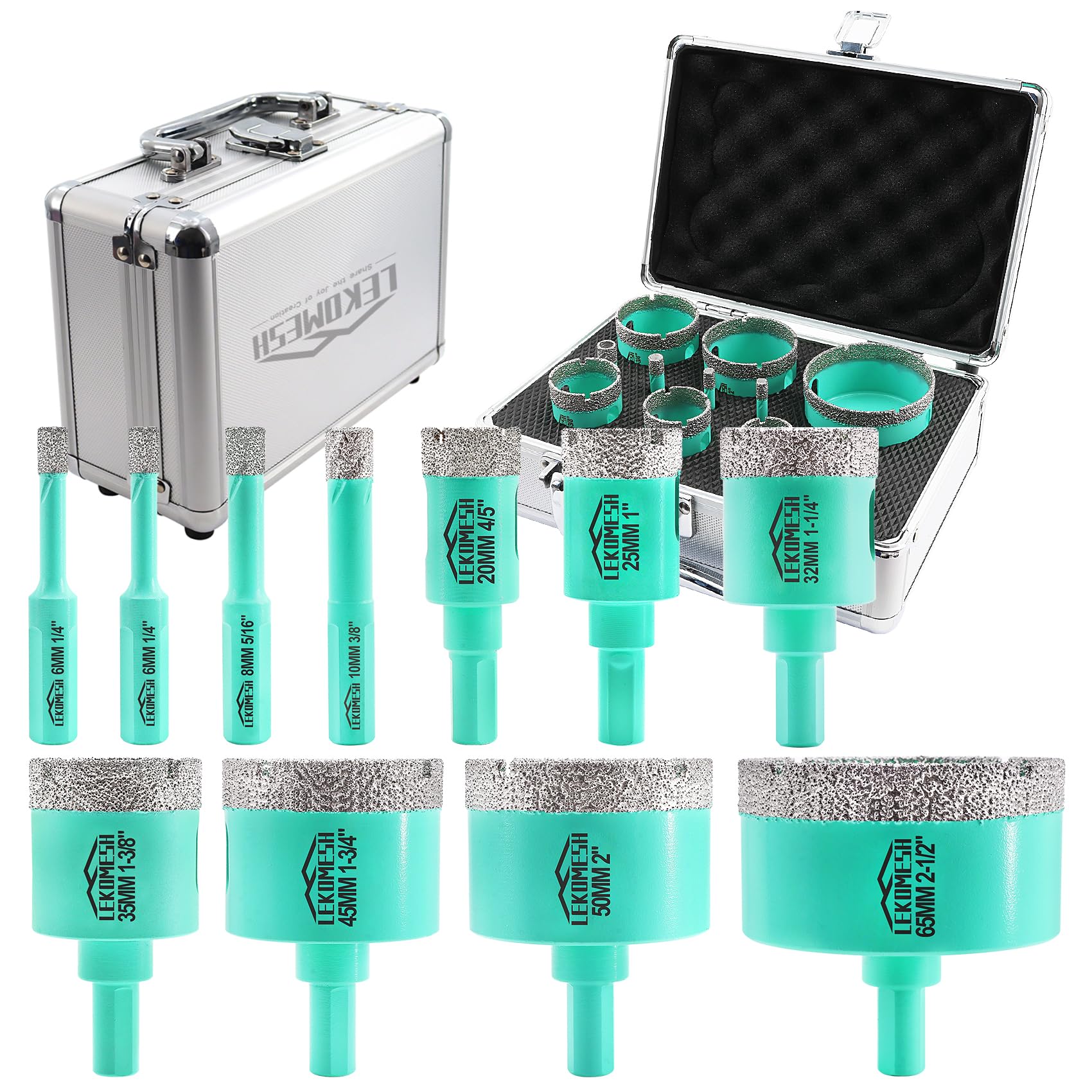 Diamond Core Drill Bits Kit - 11pcs (6/6/8/10/20/25/32/35/45/50/65mm) LEKOMESH Tile Hole Saw Kit with Triangle Shank for Porcelain Tile Ceramic Granite Marble Masonry Stone — image 1