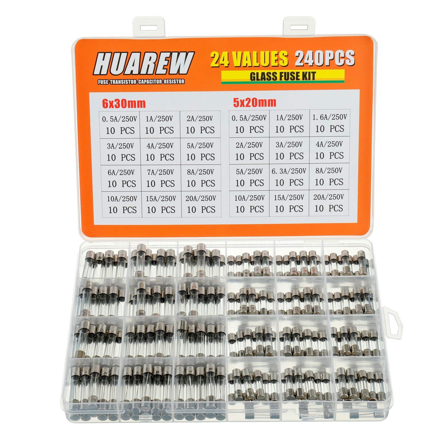HUAREW 24 Values 240 Pcs Fast Blow Glass Fuses 250 V volt 5x20 mm 0.5 1 1.6 2 3 4 5 6.3 8 10 15 20 A 6x30 mm 0.5 1 2 3 4 5 6 7 8 10 15 20 A amp Assortment Kit