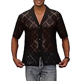 OLEMEK Men's Fashion Lace Shirt Hollow Out Sheer See Through Short Sleeve Button Down Shirts Casual Summer Top