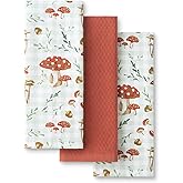 Martha Stewart Autumn Harvest Mushroom Plaid Kitchen Towel 3-Pack Set, 100% Cotton with Absorbent Terrycloth, Decorative Kitchen Towels, Burnt Orange/Green/White, 16"x28"
