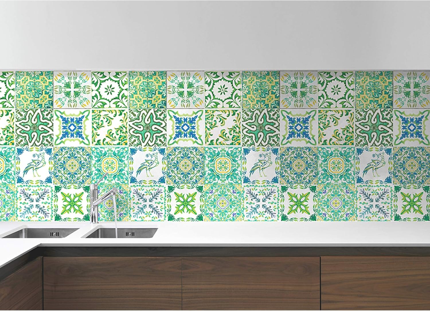 WALPLUS 96 Pcs 15cm (6") Turkish Green Mosaic Tile Stickers