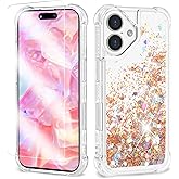 ANSHOW Glitter iPhone 16 Case, Shockproof Clear TPU with Screen Protector, Bling Glitters for Women, Gold