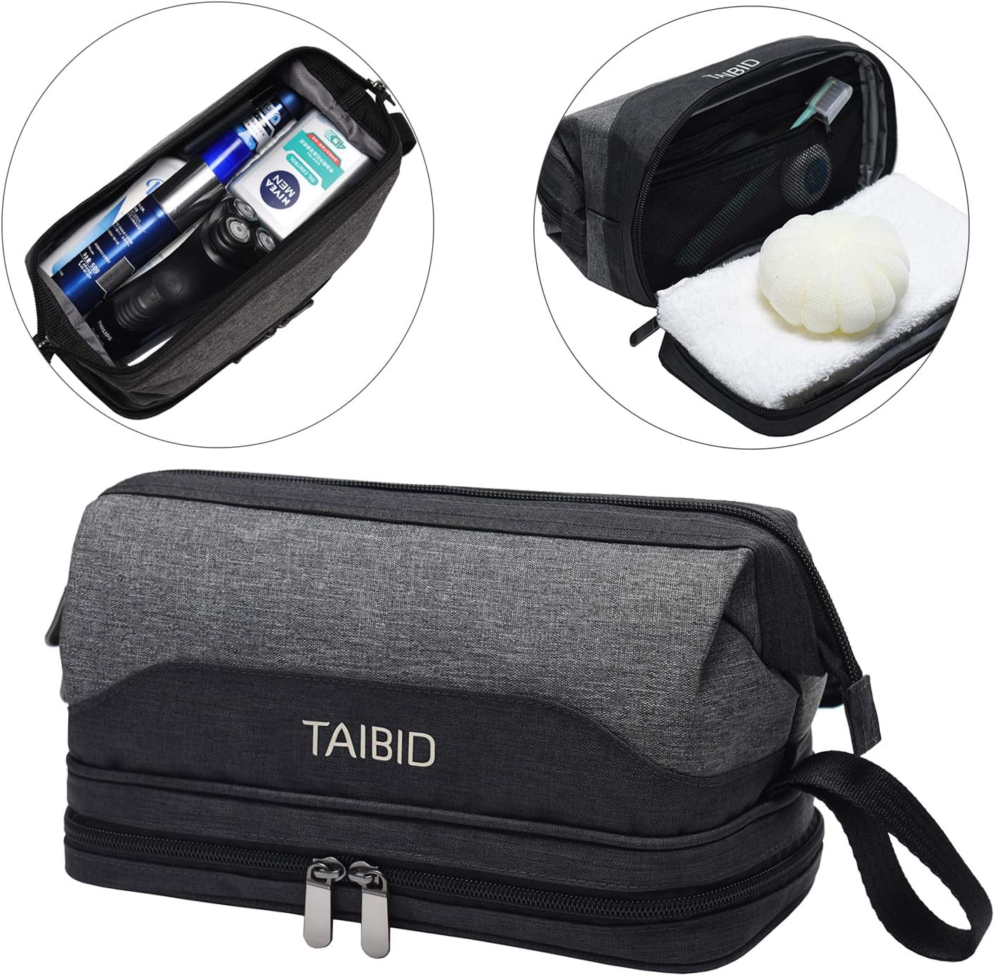 TAIBID Travel Toiletry Bag - Wash Shaving Bathroom Organizer Dopp Kit with Double Compartments for Men and Women, Grey