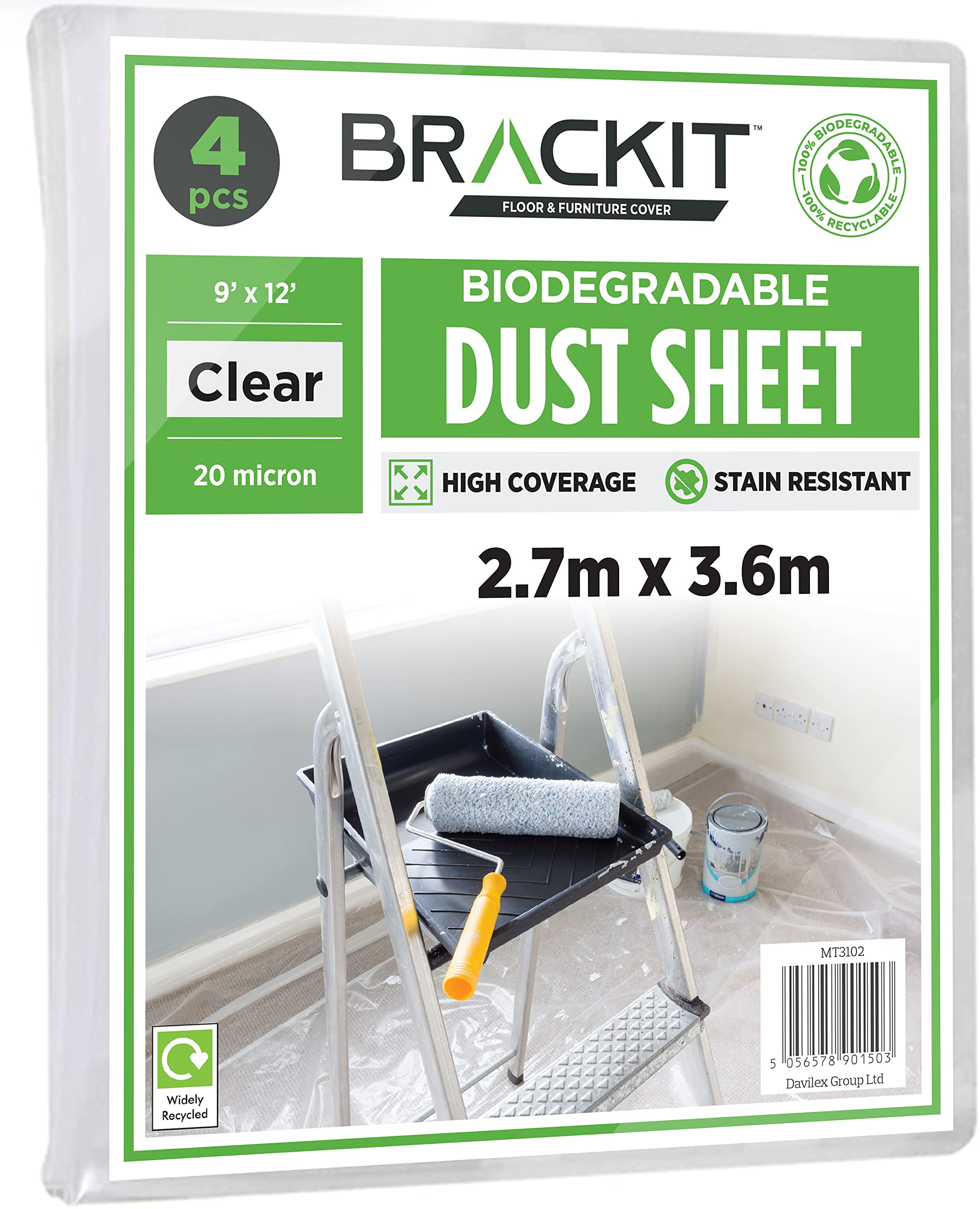 Brackit 4pc Biodegradable Large Plastic Dust Sheets for Decorating - 2.7m x 3.6m (12ftx 9ft) 20 Micron - Embossed White Plastic Sheets for Painting - Waterproof Sheets for Painting & Covering