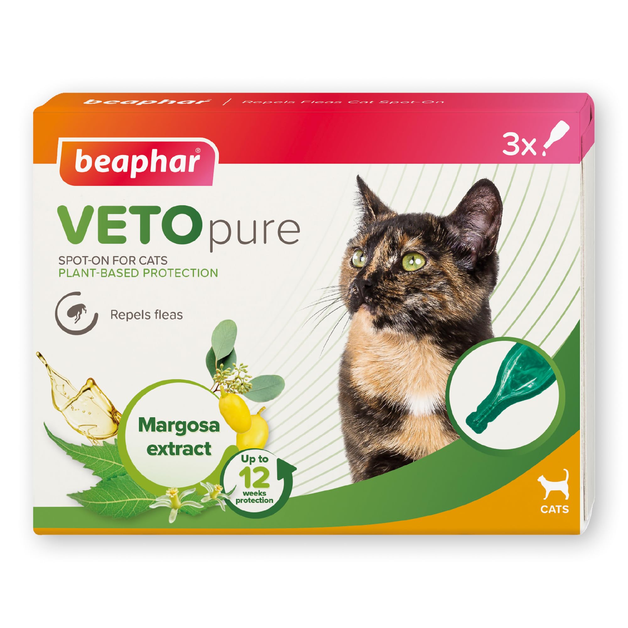 Beaphar – VETOpure Flea Spot On for Cats, 3 pipettes – Plant-Based Protection – Repels Fleas for up to 4 Weeks – Pack Provides up to 12 Weeks Protection – Contains Margosa Extract
