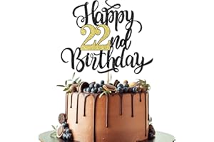 Leetaivie Happy 22nd Birthday Cake Topper, Black Gold Glitter Birthday Cake Topper, 22nd Anniversary/ 22nd Birthday Party Decoration Supplies