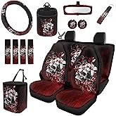 gearider Gothic Skull Car Seat Covers Car Accessories Full Set with Steering Wheel Cover Seat Belt Pads Trash Bin Flower Sunglasses Pocket Rear View Mirror Protector Coasters Key Chain, Black Red