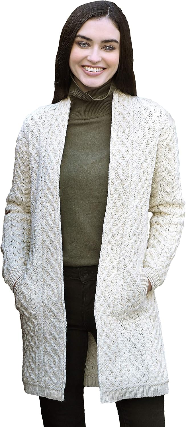 aran craft merino wool open front cardigan with pockets