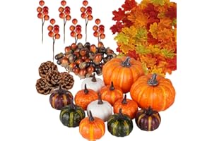 Artmag 162 Pcs Fall Artificial Maple Leaves, Harvest Pumpkins, Acorns, Pine Cones and Orange Berry Stems Set for Fall Thansgi