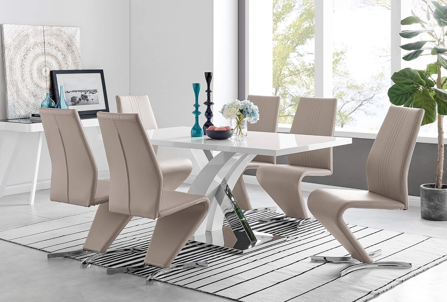 Atlanta Rectangle Chrome Metal Modern Stylish High Gloss White 6 Seater Dining Table And 6 Premium Willow Dining Chairs Set Dining Table 6 Cappuccino Grey Willow Chairs Amazon Co Uk Kitchen Home