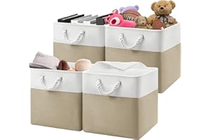 Patvingot 13x13x13 Storage Cube Bins,Set of 4, Large Foldable Fabric Storage Cubes with Handles for Organizing Home, Closet, Clothes, Toy, Book, Office(White&Khaki)