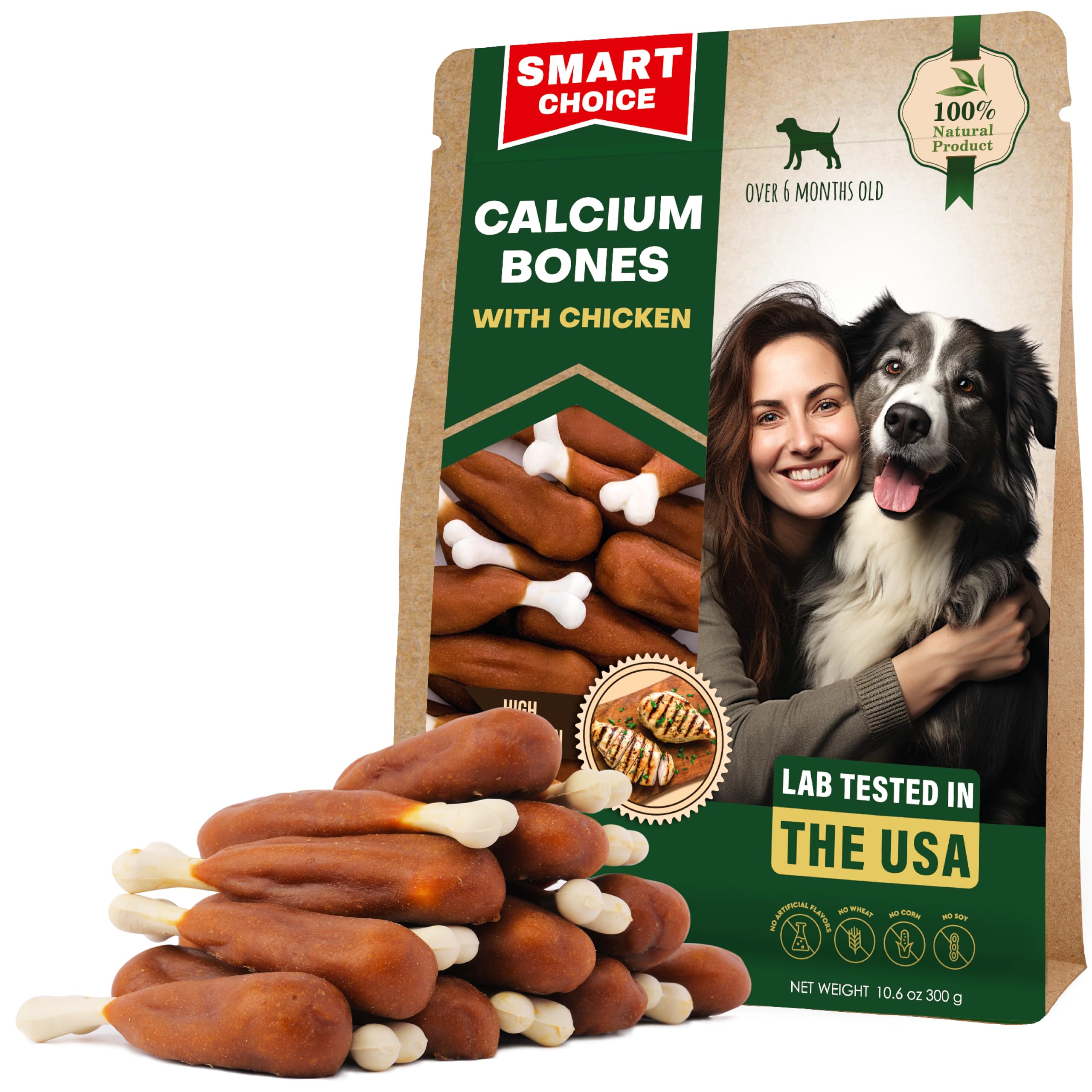 Dog Treats Calcium Bones Wrapped Chicken & Rawhide Free Chew 300 Gr. - Pet Healthy Dried Snacks & Grain Free Meat - Bulk Best Chews for Christmas, Training Small & Large Dogs