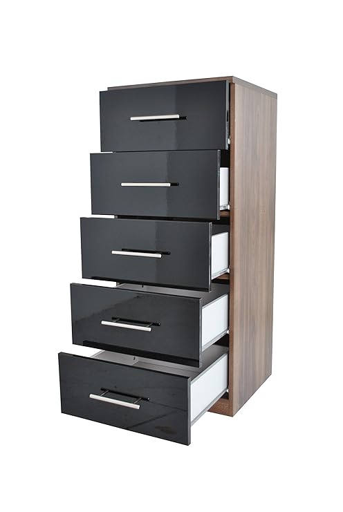 B Q Darwin 5 Drawer Walnut Black High Gloss Narrow Chest W 50