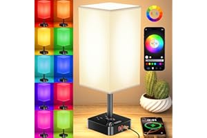 COZOO Bluetooth/WiFi RGB & USB Bedside Table Lamp with 3 USB Charging Ports and 2 Outlets Power Strip, LED Light Bulb Dimmabl