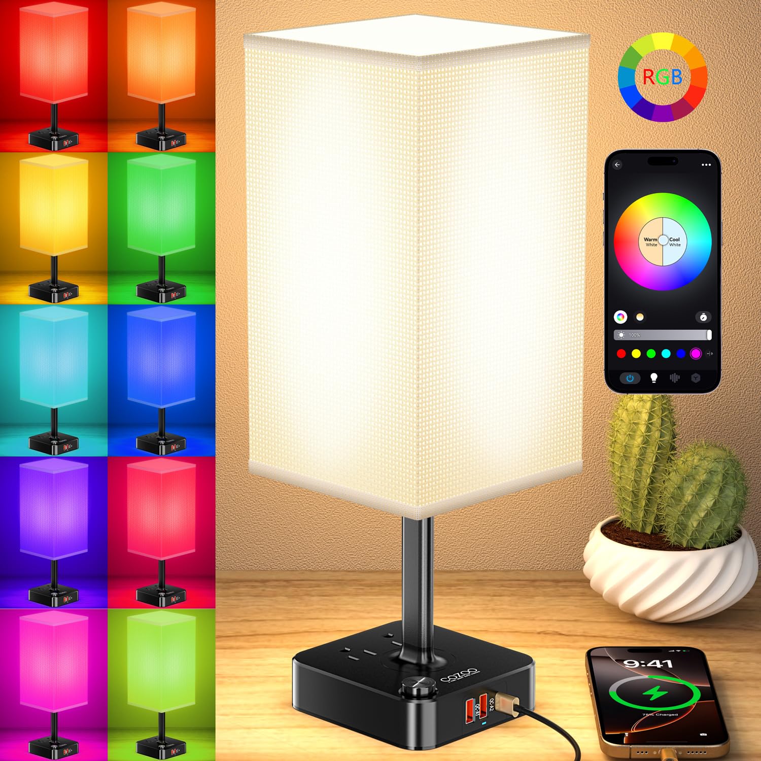 Photo 1 of **FOR PARTS** cozoo Bluetooth/WiFi RGB & USB Bedside Table Lamp with 3 USB Charging Ports and 2 Outlets Power Strip, LED Light Bulb Dimmable, Music Sync RGB Color Changing Light for Party Home/Bedroom/Living Room