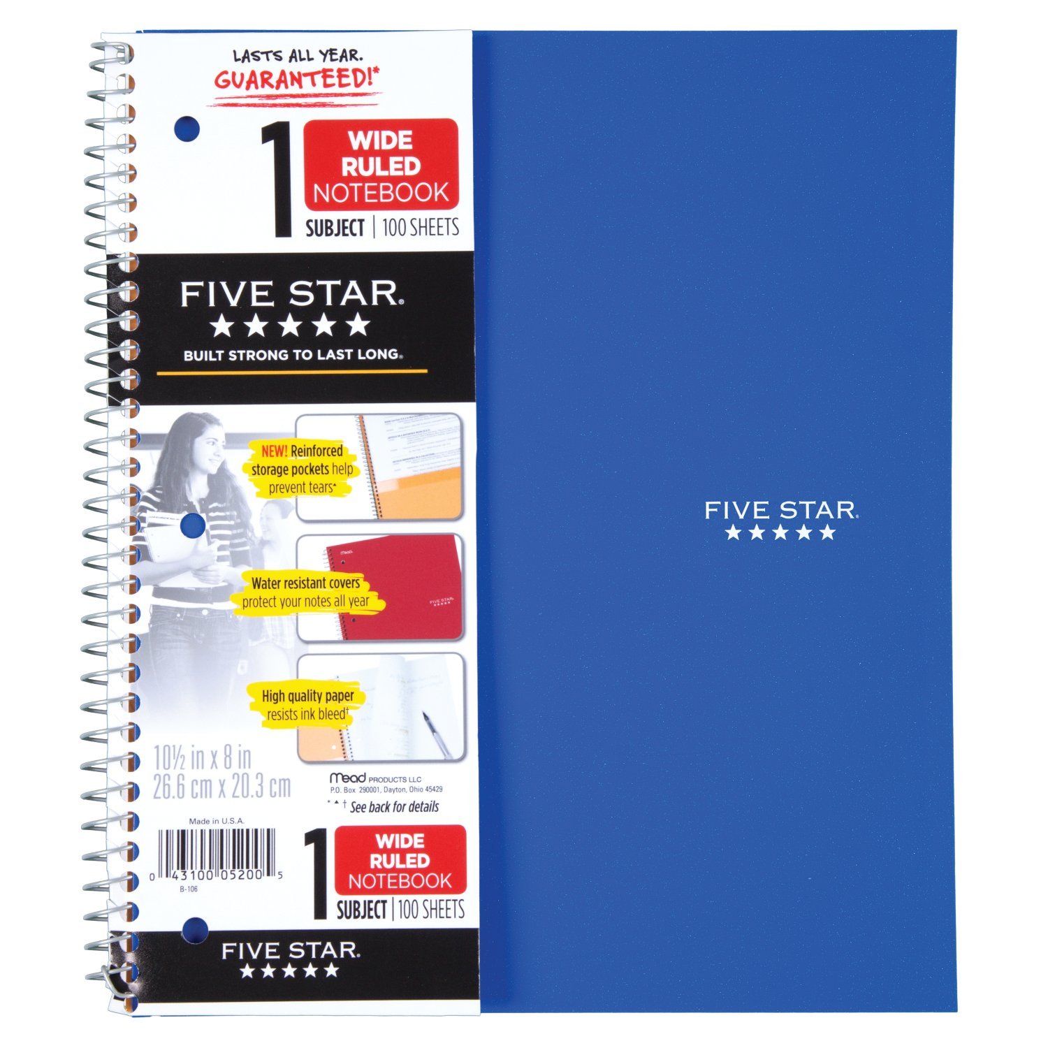 Five Star Spiral Notebook, 1 Subject, Wide Ruled, 100 Sheets, 10.5 x 8