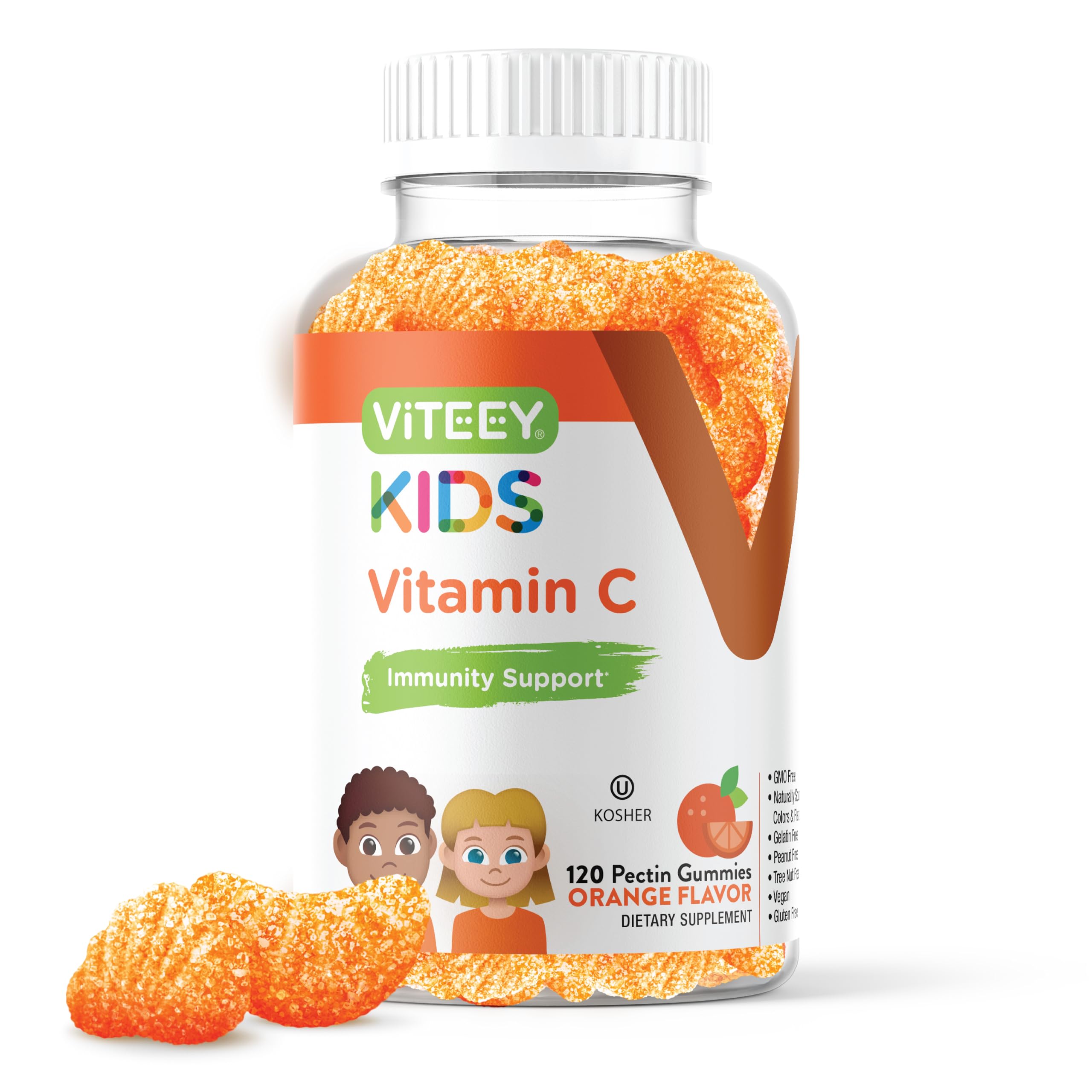 Viteey Kids Vitamin C Gummies - Immune Support for Kids, Toddlers, & Teens - Vegan, Gelatin Free, Gluten Free, GMO Free - Tasty Chewable Orange Flavored Immunity Gummy