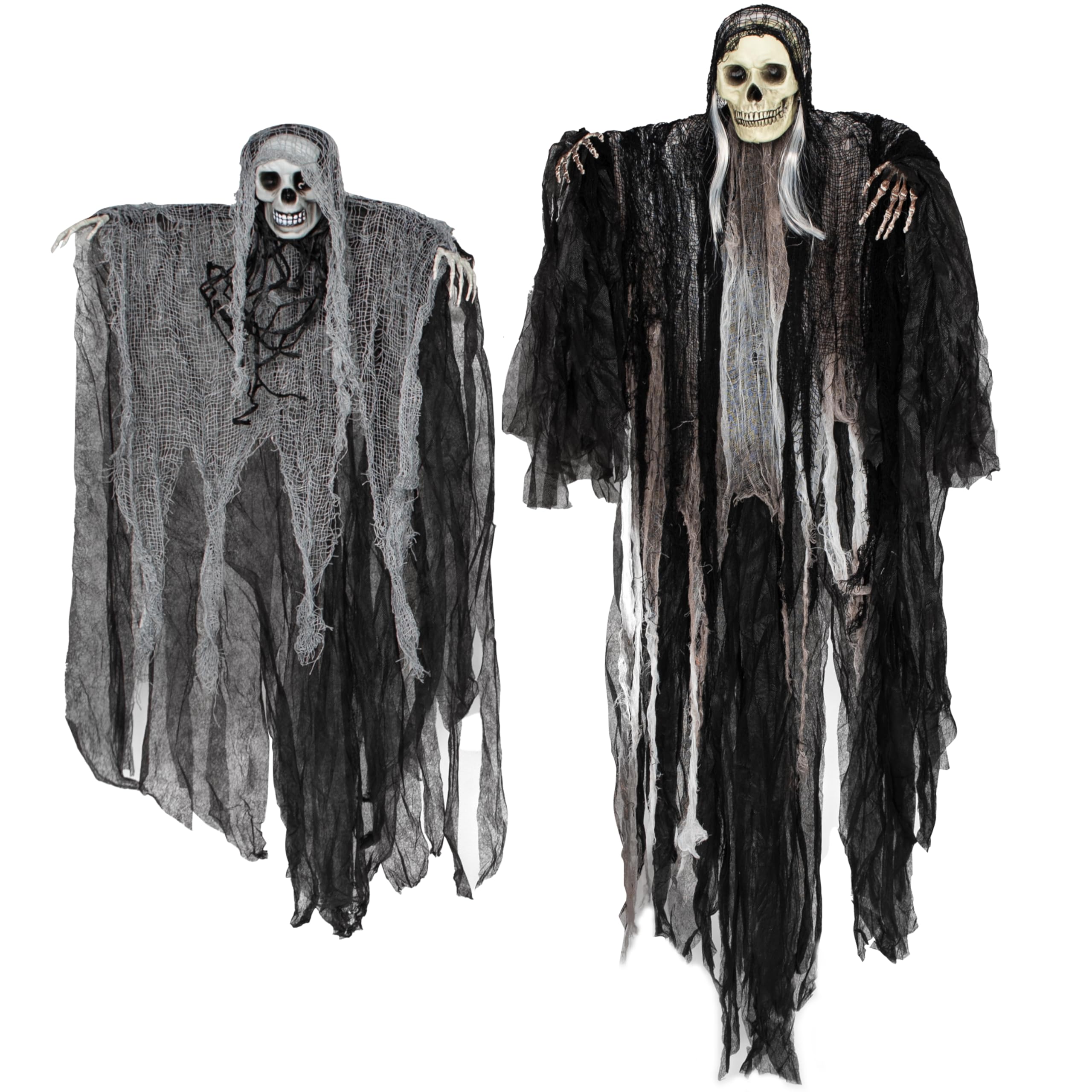Photo 1 of JOYIN 2 Pcs Halloween Hanging Grim Reaper Decorations Outdoor, 53” and 31.5" Halloween Hanging Skeleton Ghosts Scary Decor for Yard Patio Outside Lawn Garden, Haunted House Prop, Party Supplies